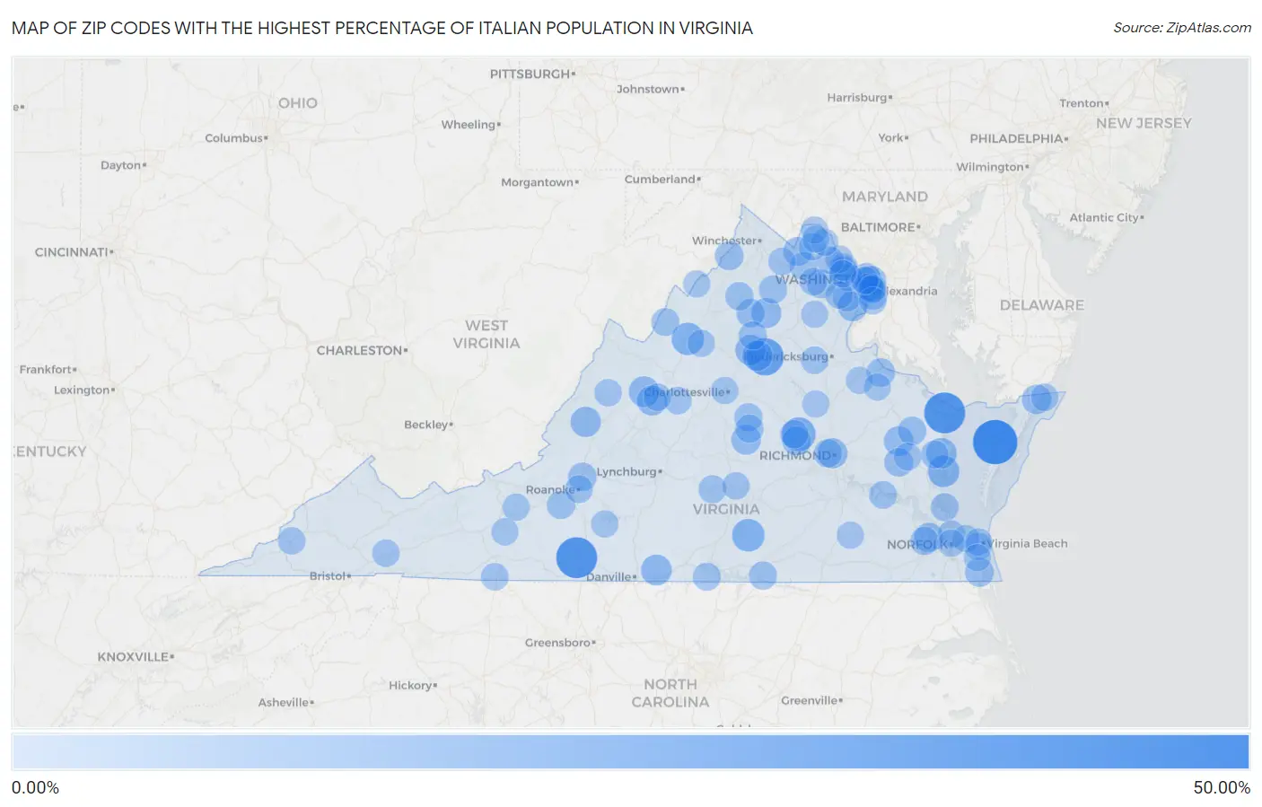 Zip Codes with the Highest Percentage of Italian Population in Virginia Map