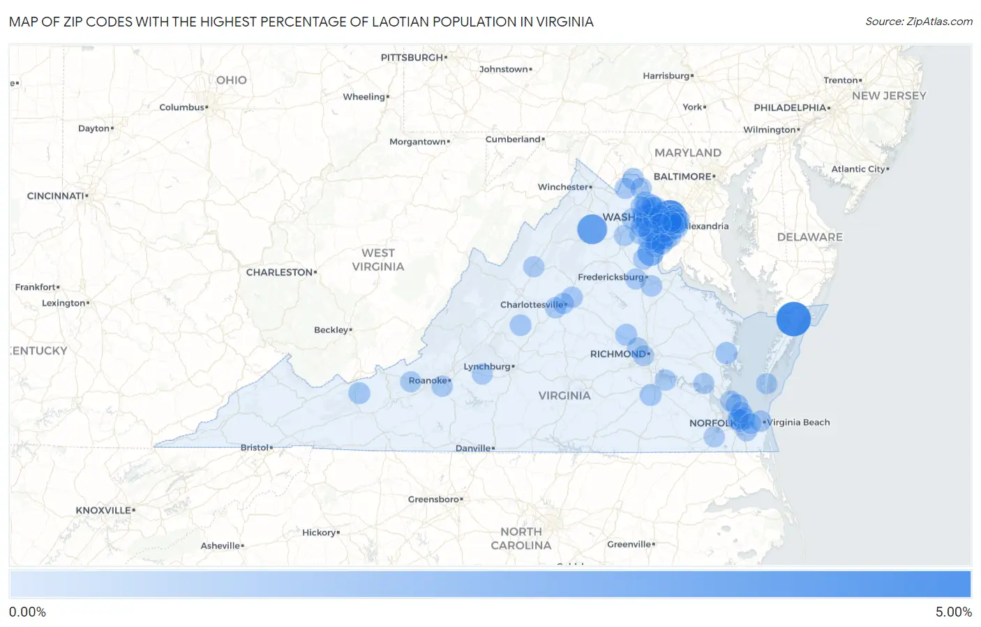 Zip Codes with the Highest Percentage of Laotian Population in Virginia Map