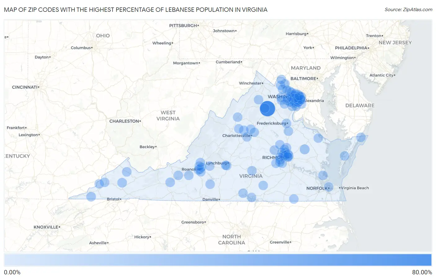 Zip Codes with the Highest Percentage of Lebanese Population in Virginia Map