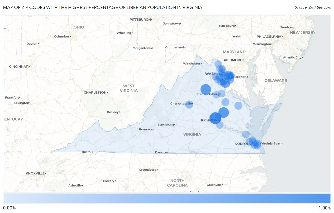 Zip Codes with the Highest Percentage of Liberian Population in Virginia Map