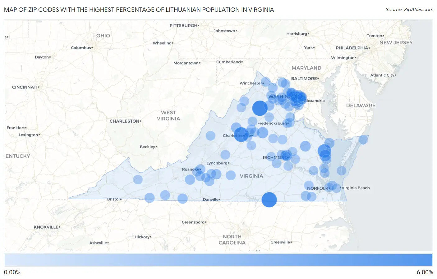 Zip Codes with the Highest Percentage of Lithuanian Population in Virginia Map
