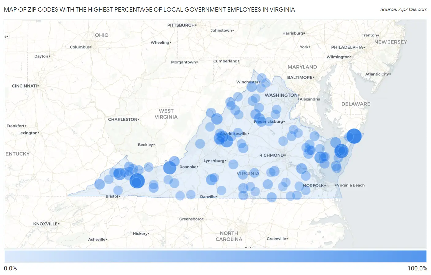 Zip Codes with the Highest Percentage of Local Government Employees in Virginia Map