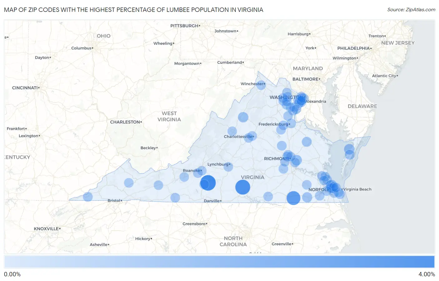 Zip Codes with the Highest Percentage of Lumbee Population in Virginia Map