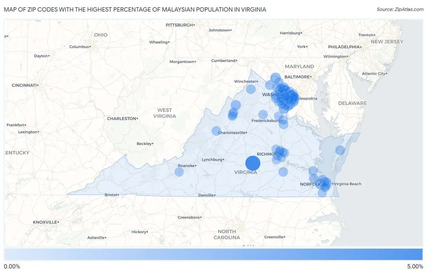Zip Codes with the Highest Percentage of Malaysian Population in Virginia Map