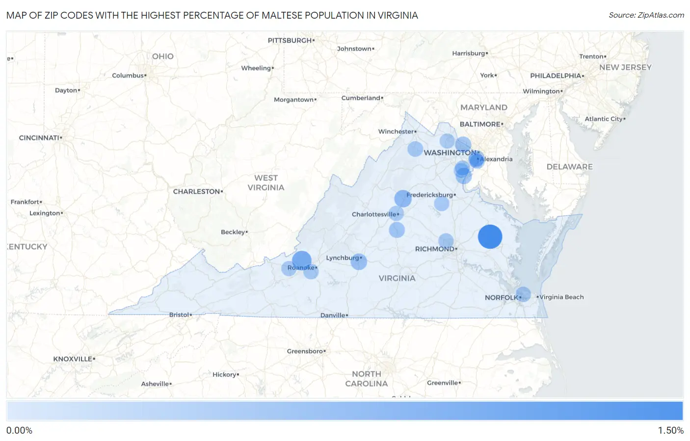 Zip Codes with the Highest Percentage of Maltese Population in Virginia Map