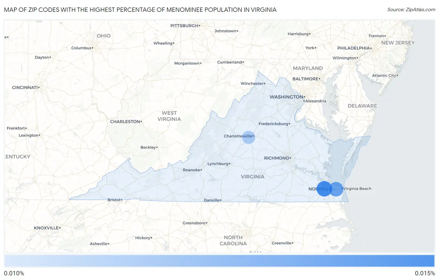 Zip Codes with the Highest Percentage of Menominee Population in Virginia Map