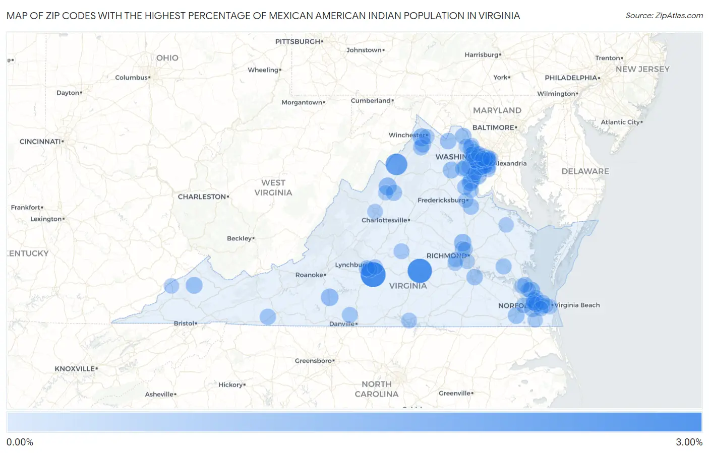 Zip Codes with the Highest Percentage of Mexican American Indian Population in Virginia Map