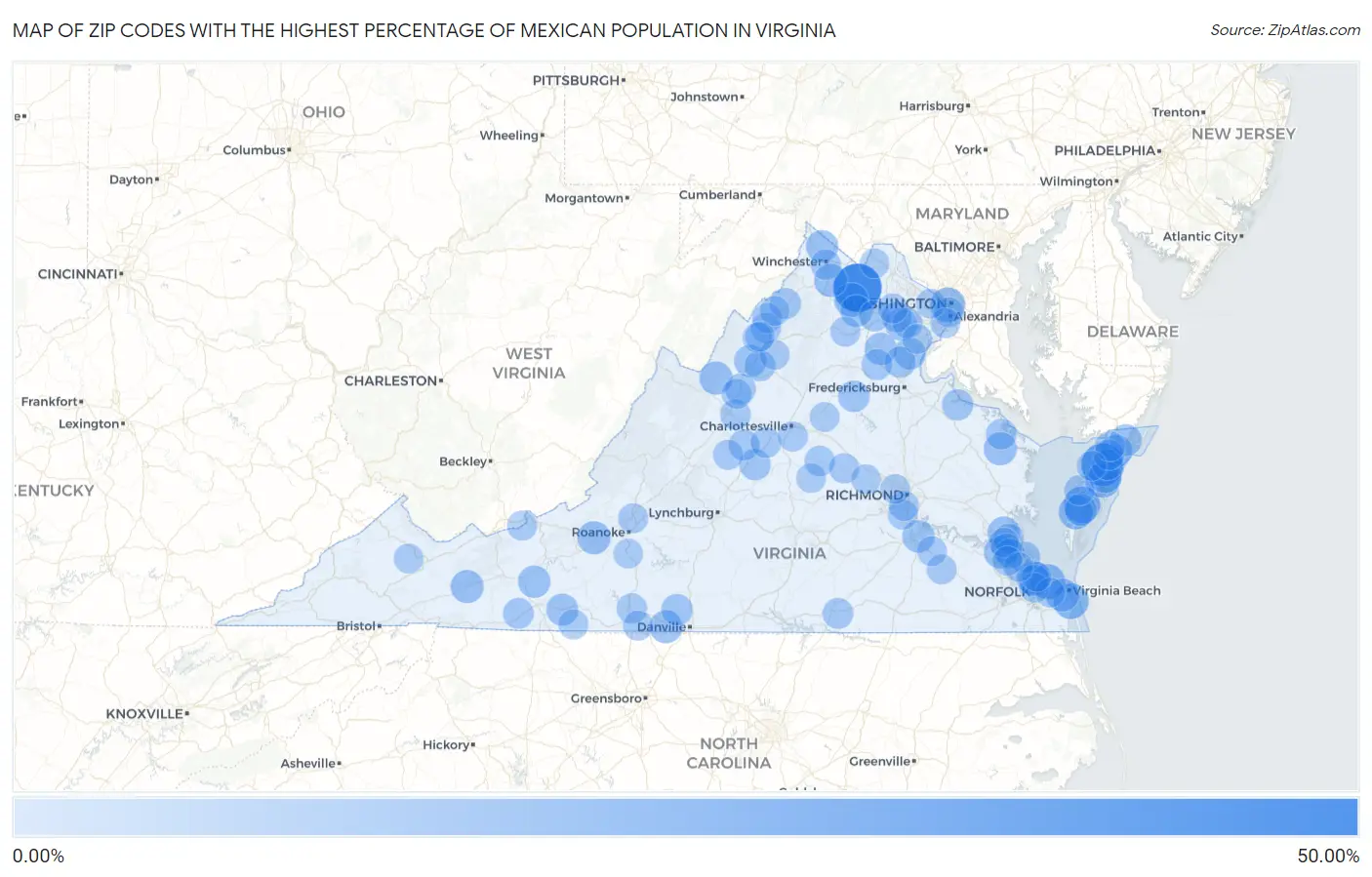 Zip Codes with the Highest Percentage of Mexican Population in Virginia Map