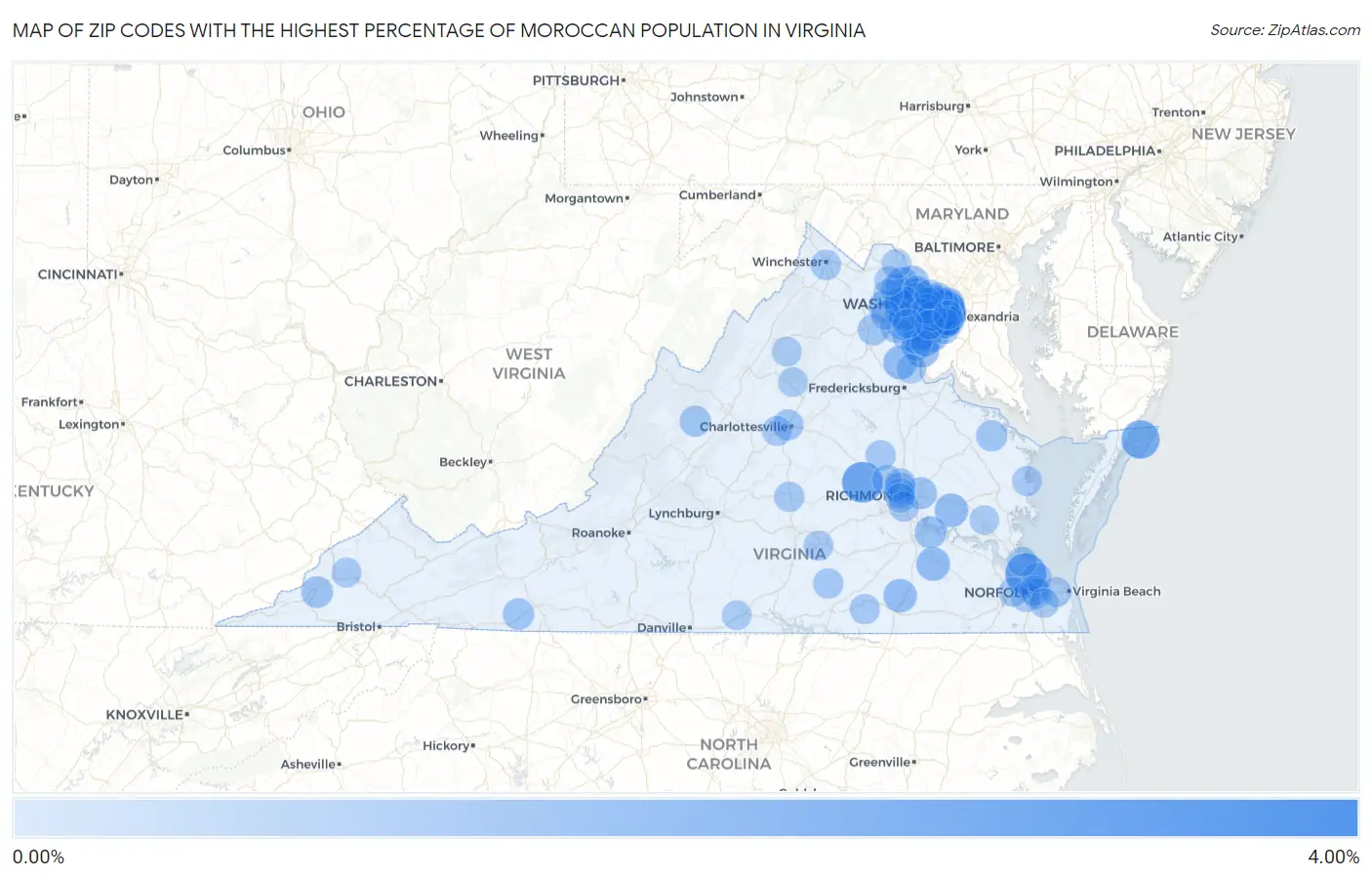 Zip Codes with the Highest Percentage of Moroccan Population in Virginia Map