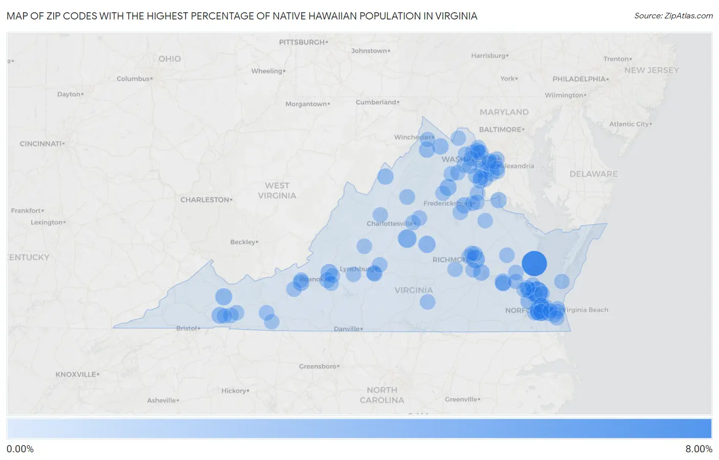 Zip Codes with the Highest Percentage of Native Hawaiian Population in Virginia Map
