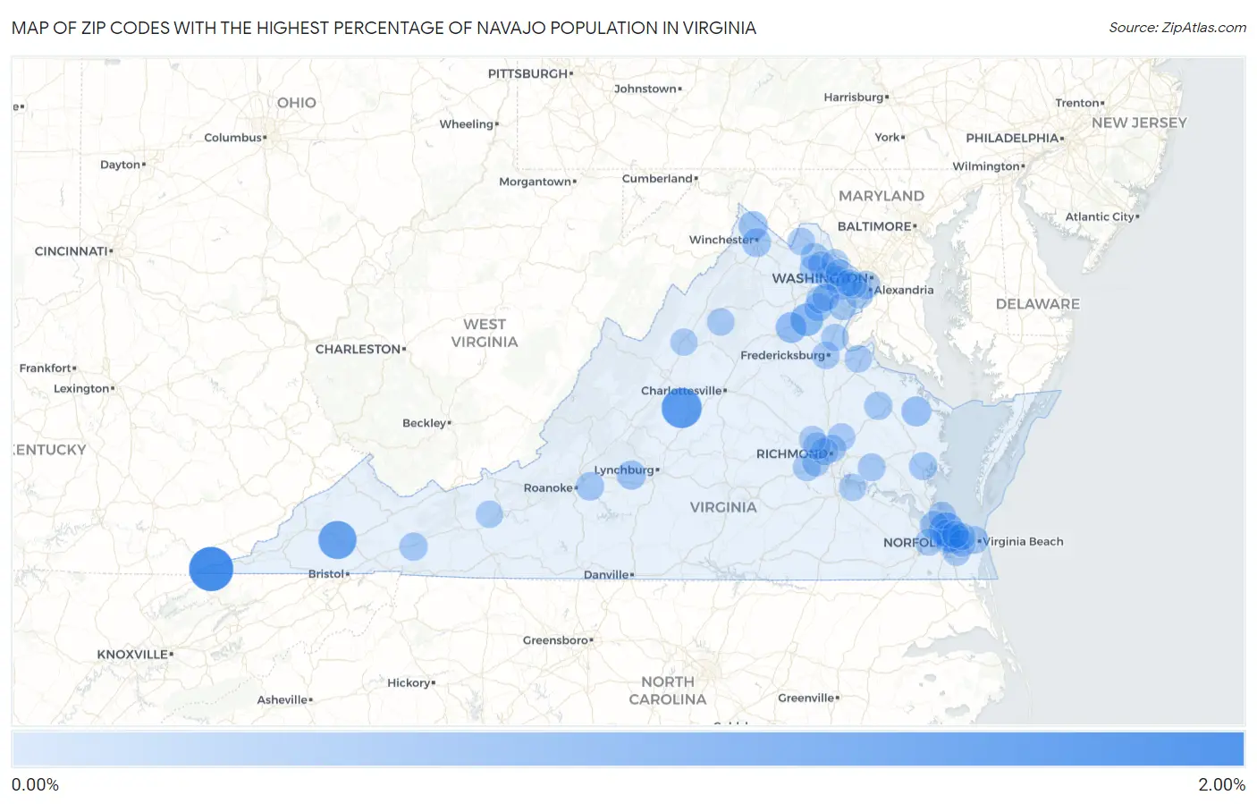 Zip Codes with the Highest Percentage of Navajo Population in Virginia Map