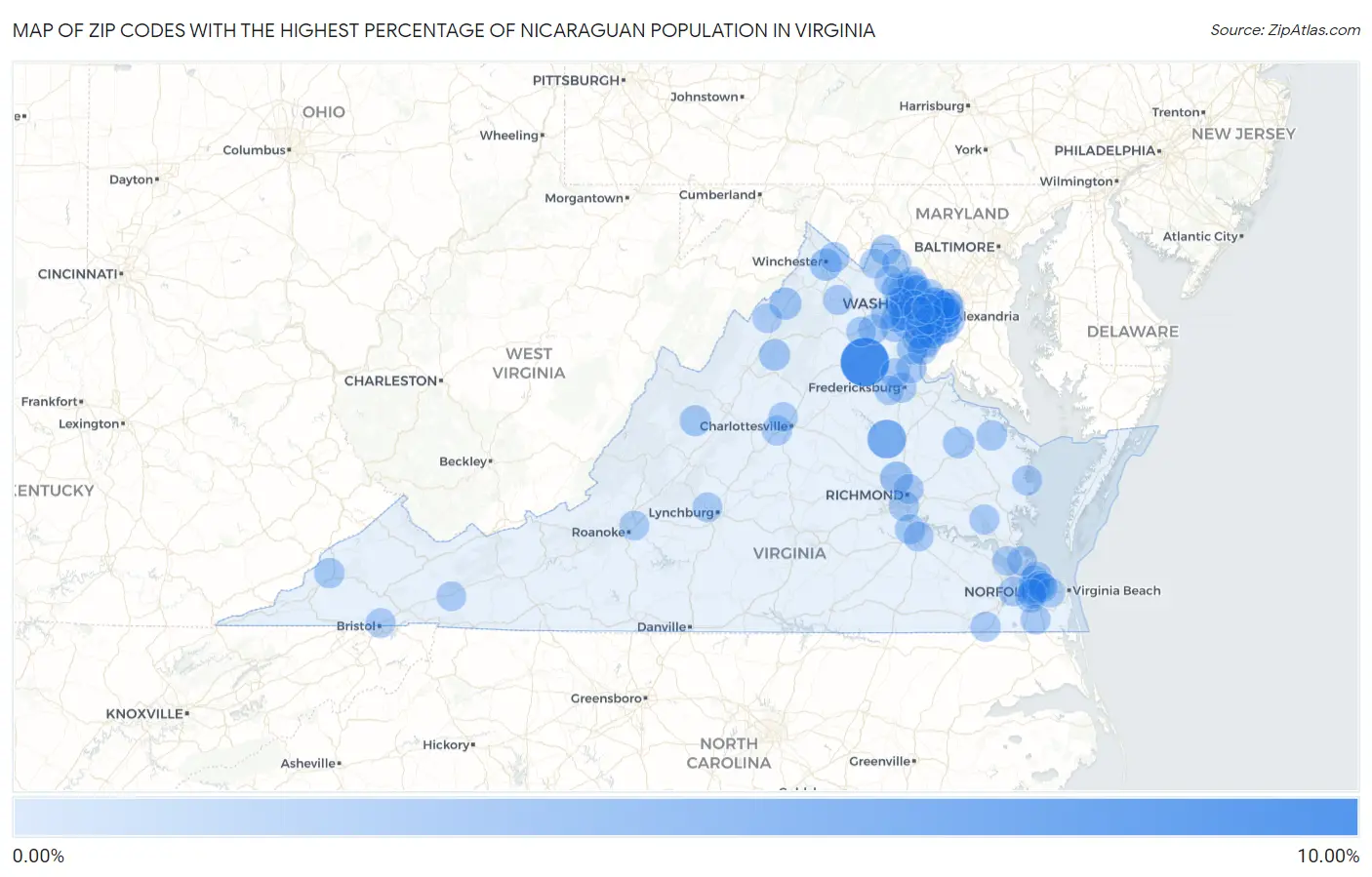 Zip Codes with the Highest Percentage of Nicaraguan Population in Virginia Map