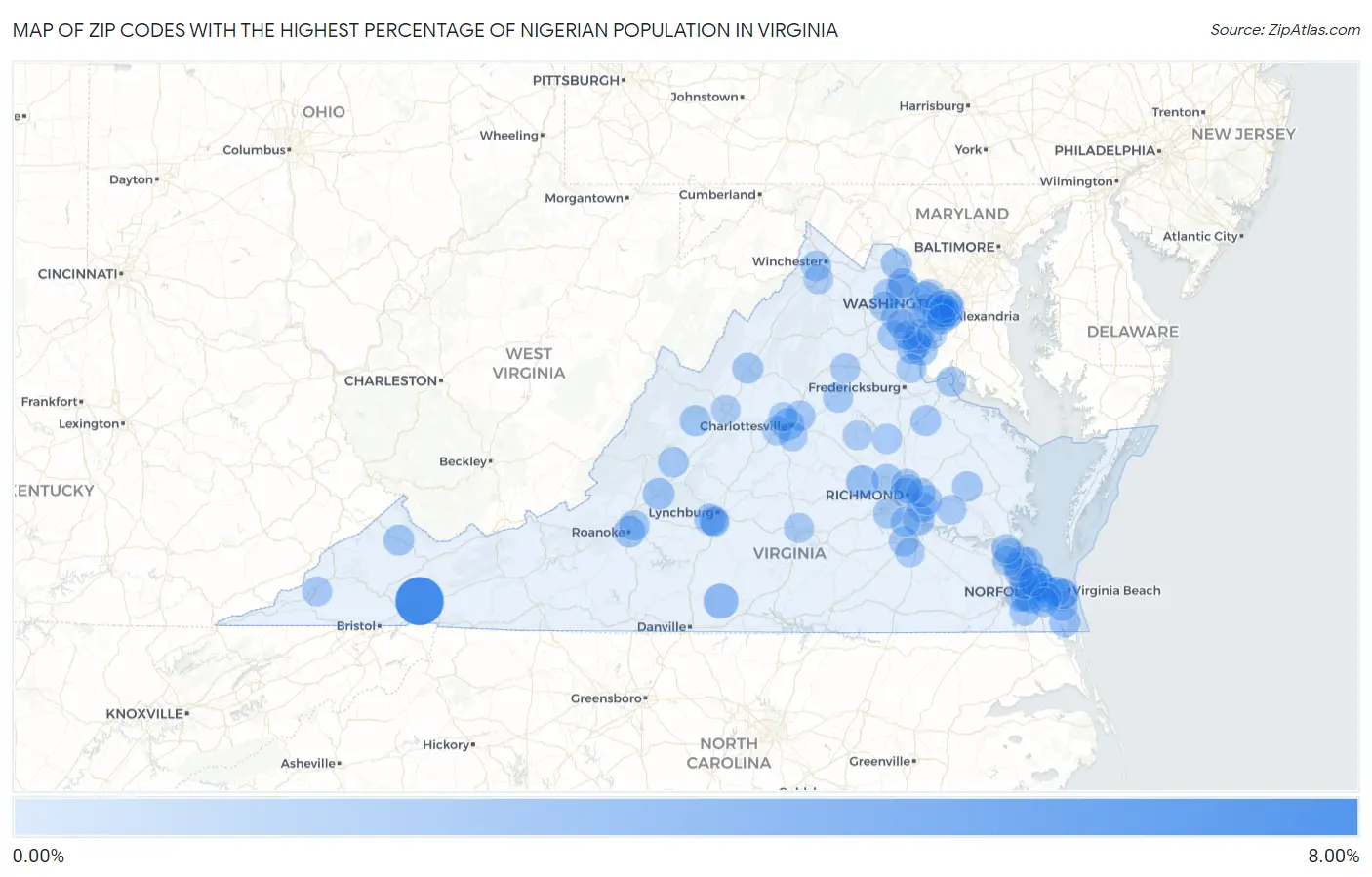 Zip Codes with the Highest Percentage of Nigerian Population in Virginia Map
