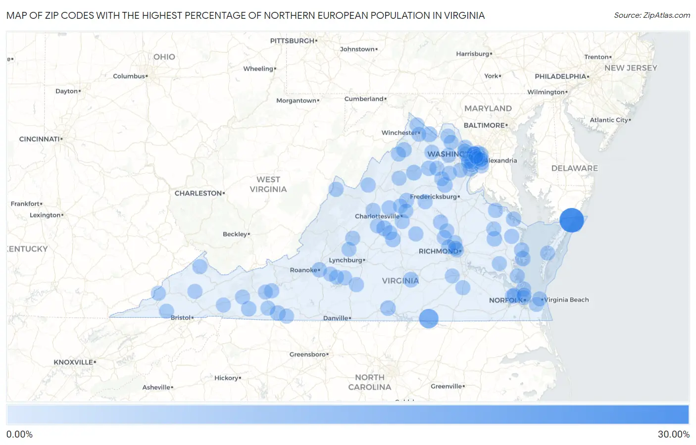 Zip Codes with the Highest Percentage of Northern European Population in Virginia Map