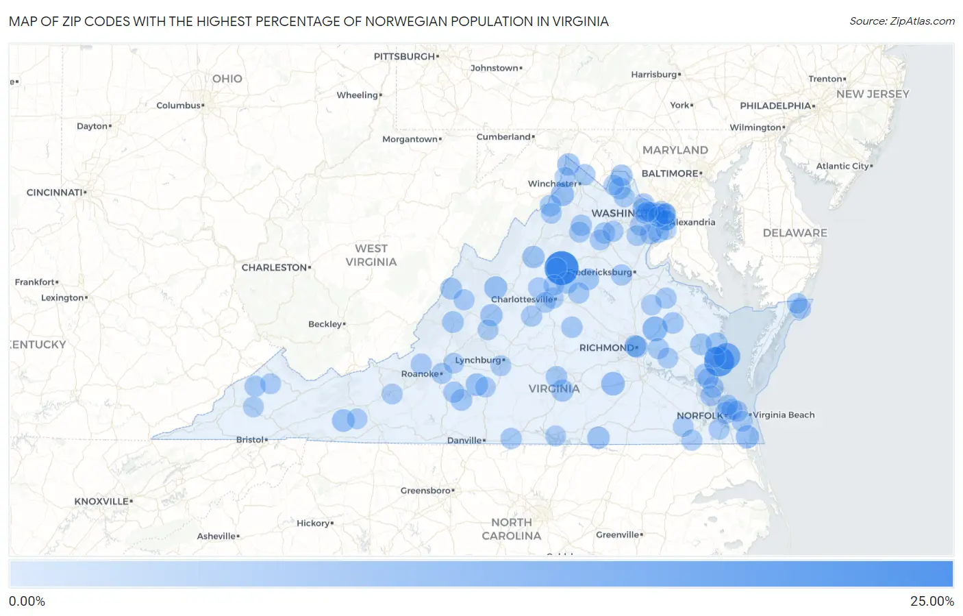 Zip Codes with the Highest Percentage of Norwegian Population in Virginia Map