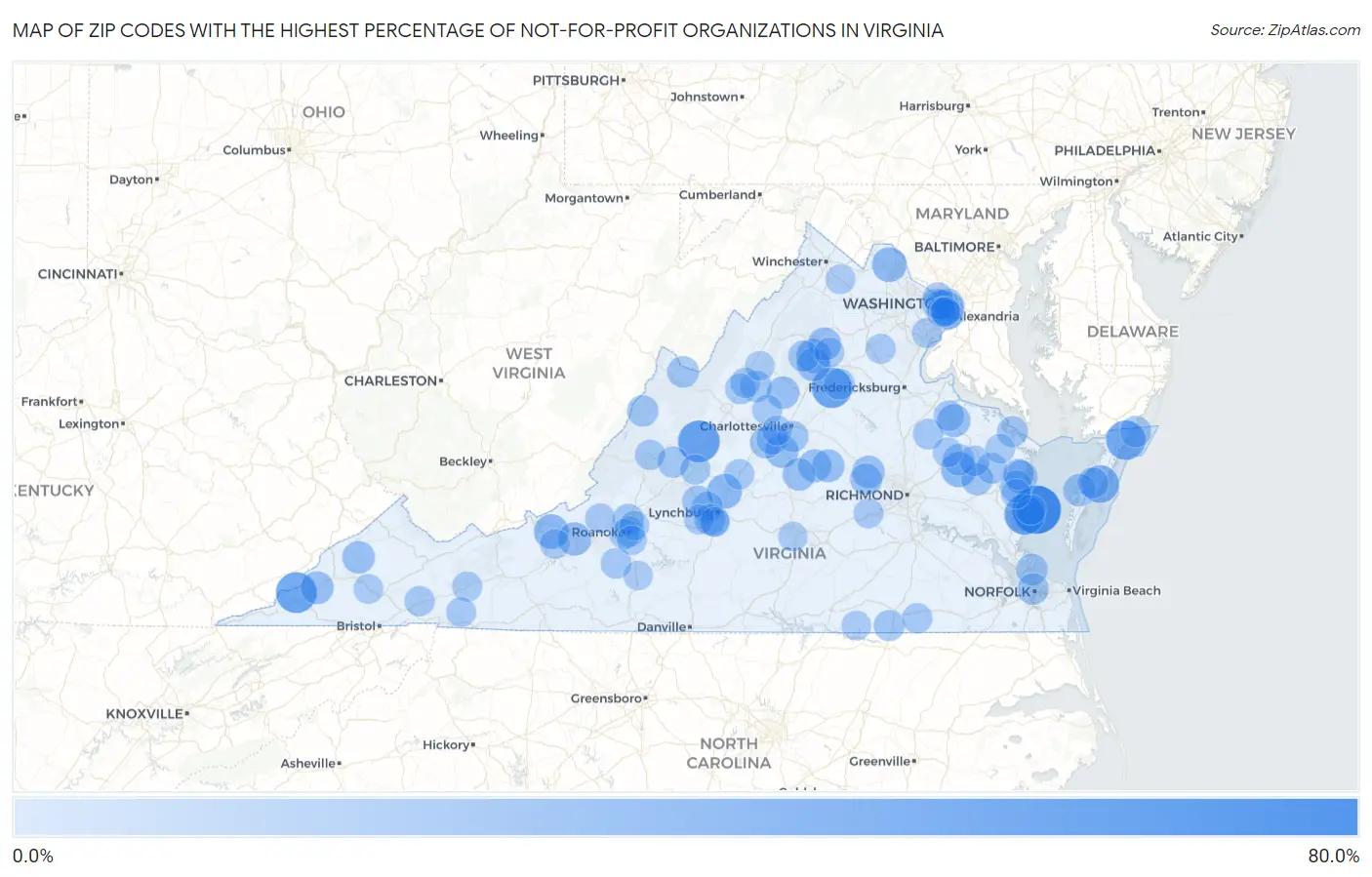 Zip Codes with the Highest Percentage of Not-for-profit Organizations in Virginia Map