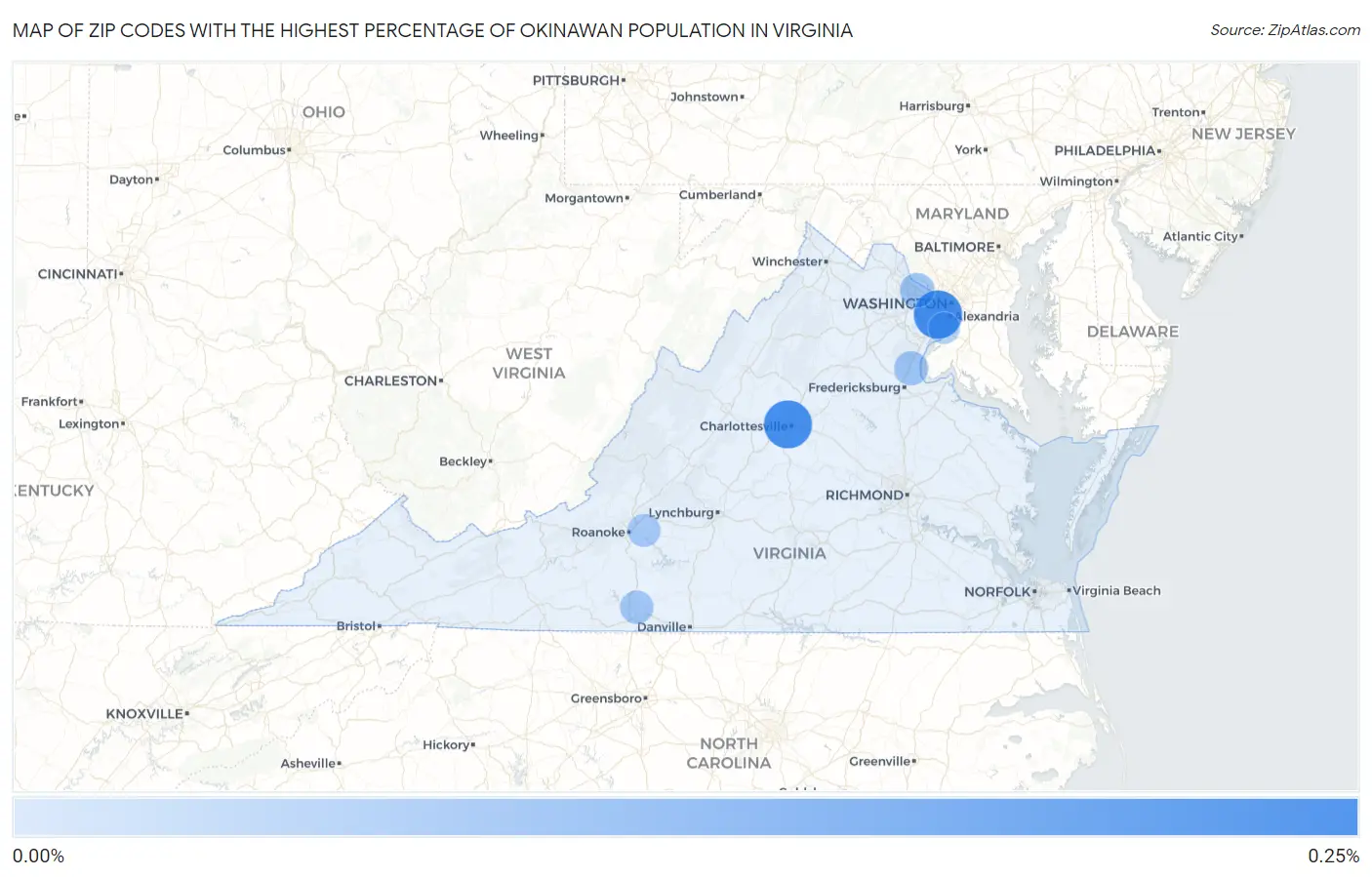 Zip Codes with the Highest Percentage of Okinawan Population in Virginia Map