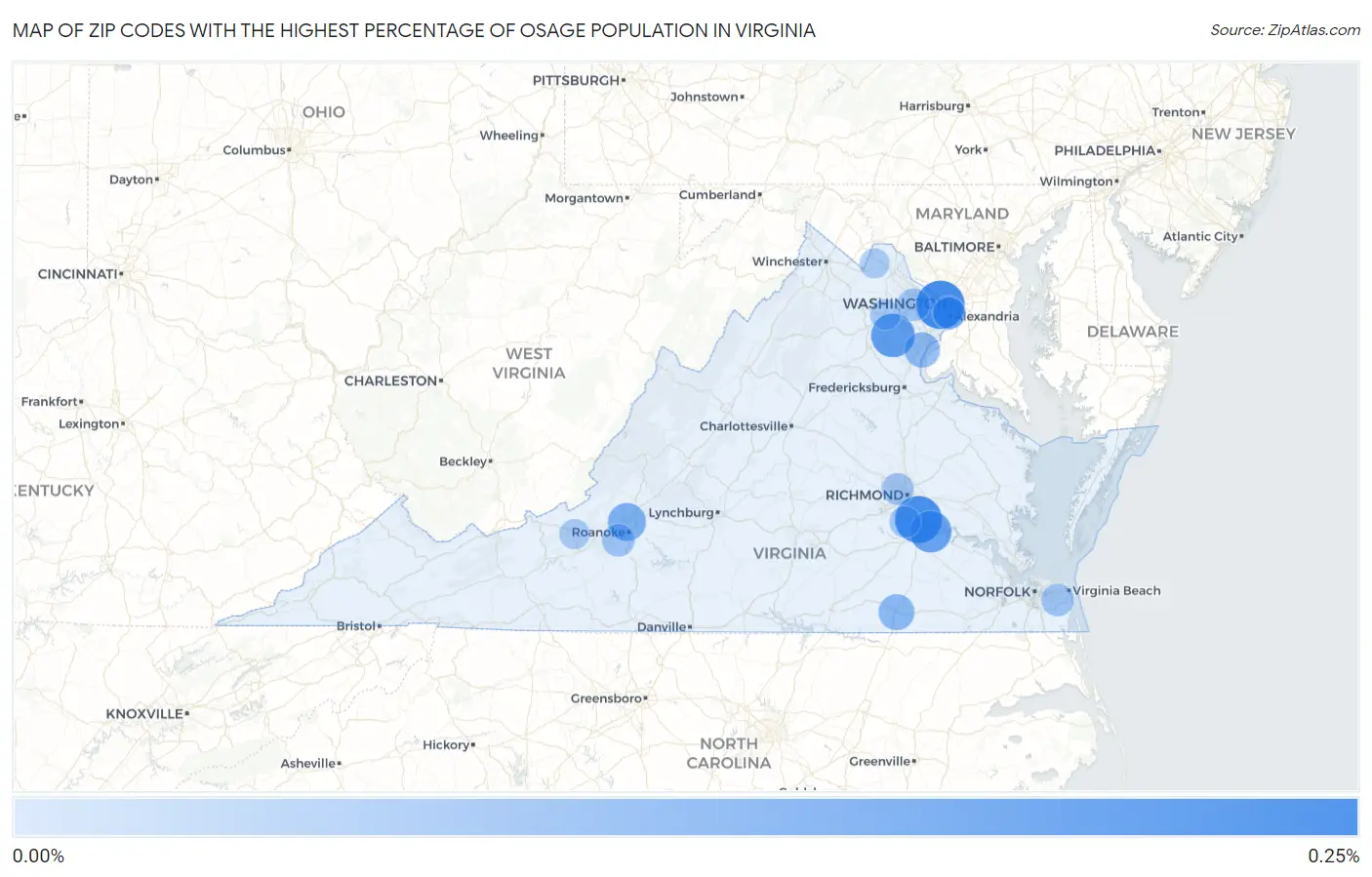 Zip Codes with the Highest Percentage of Osage Population in Virginia Map