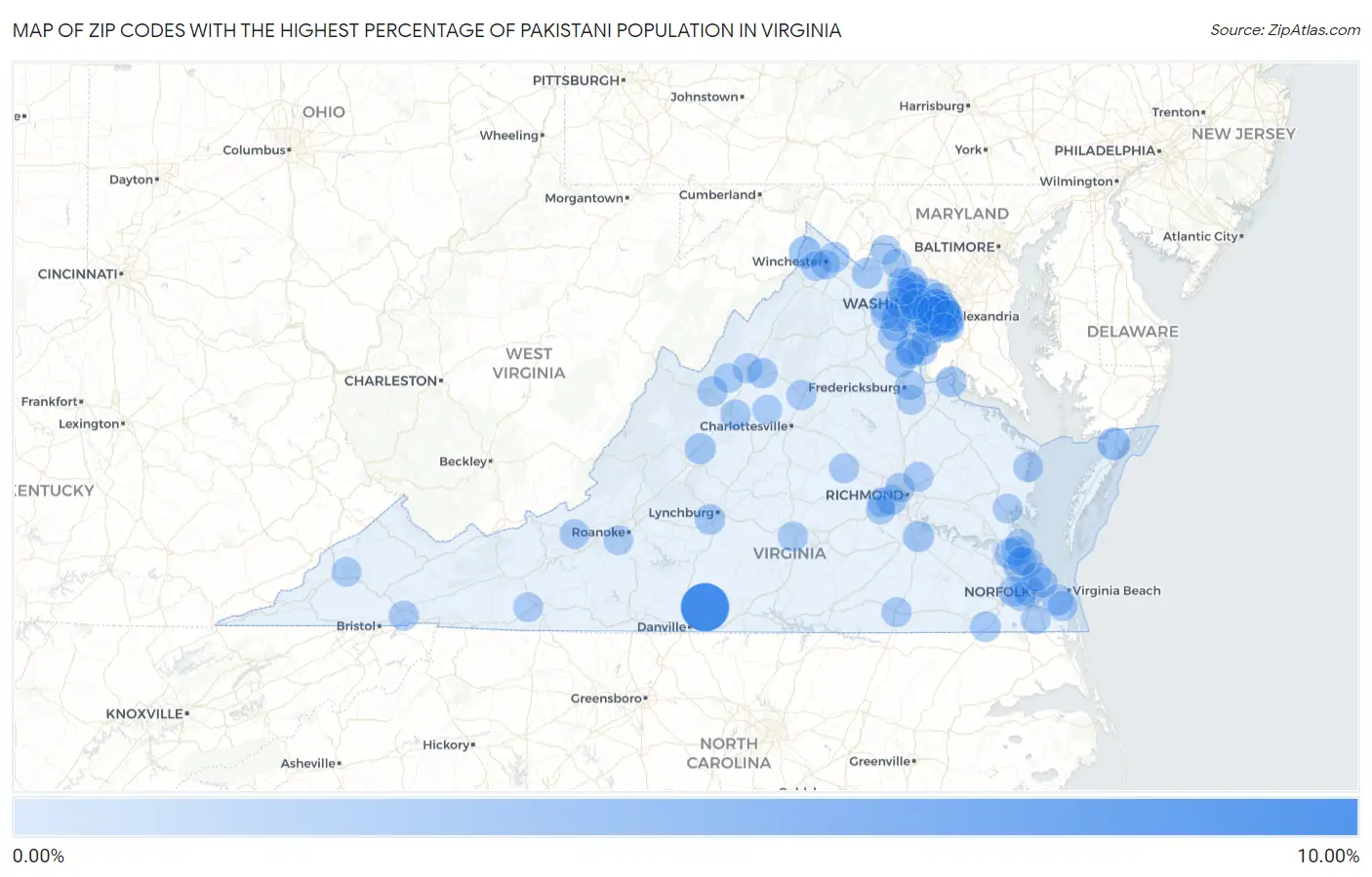 Zip Codes with the Highest Percentage of Pakistani Population in Virginia Map