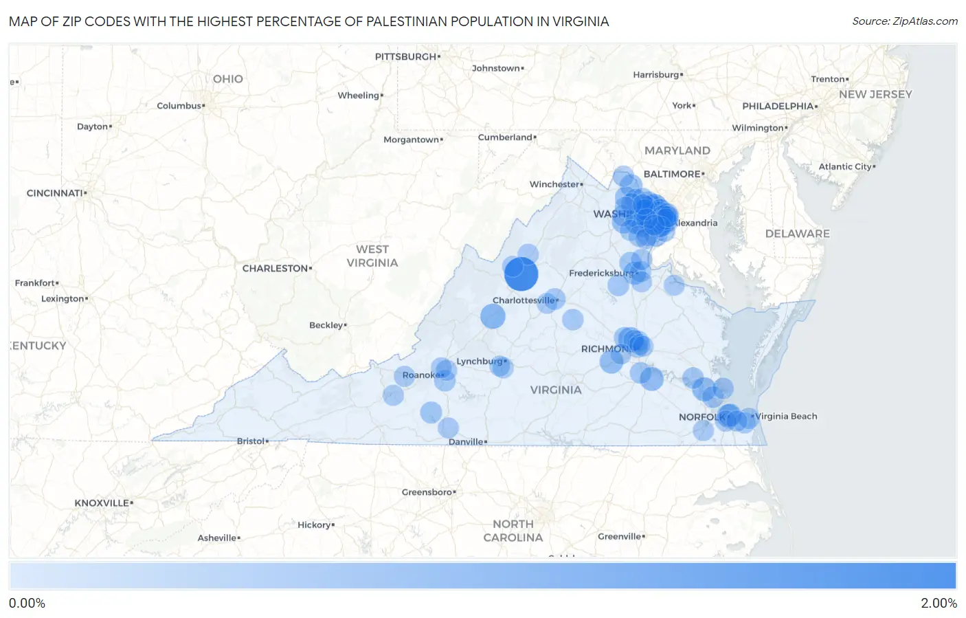 Zip Codes with the Highest Percentage of Palestinian Population in Virginia Map