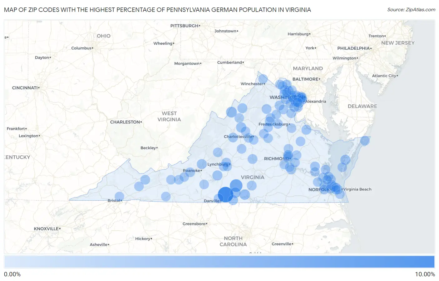 Zip Codes with the Highest Percentage of Pennsylvania German Population in Virginia Map