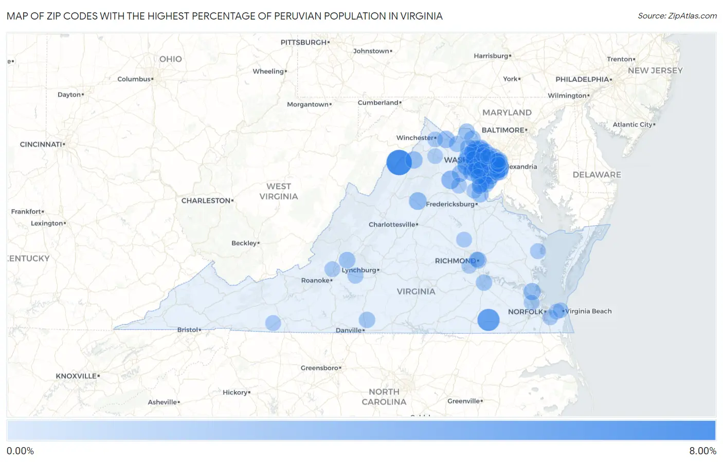 Zip Codes with the Highest Percentage of Peruvian Population in Virginia Map