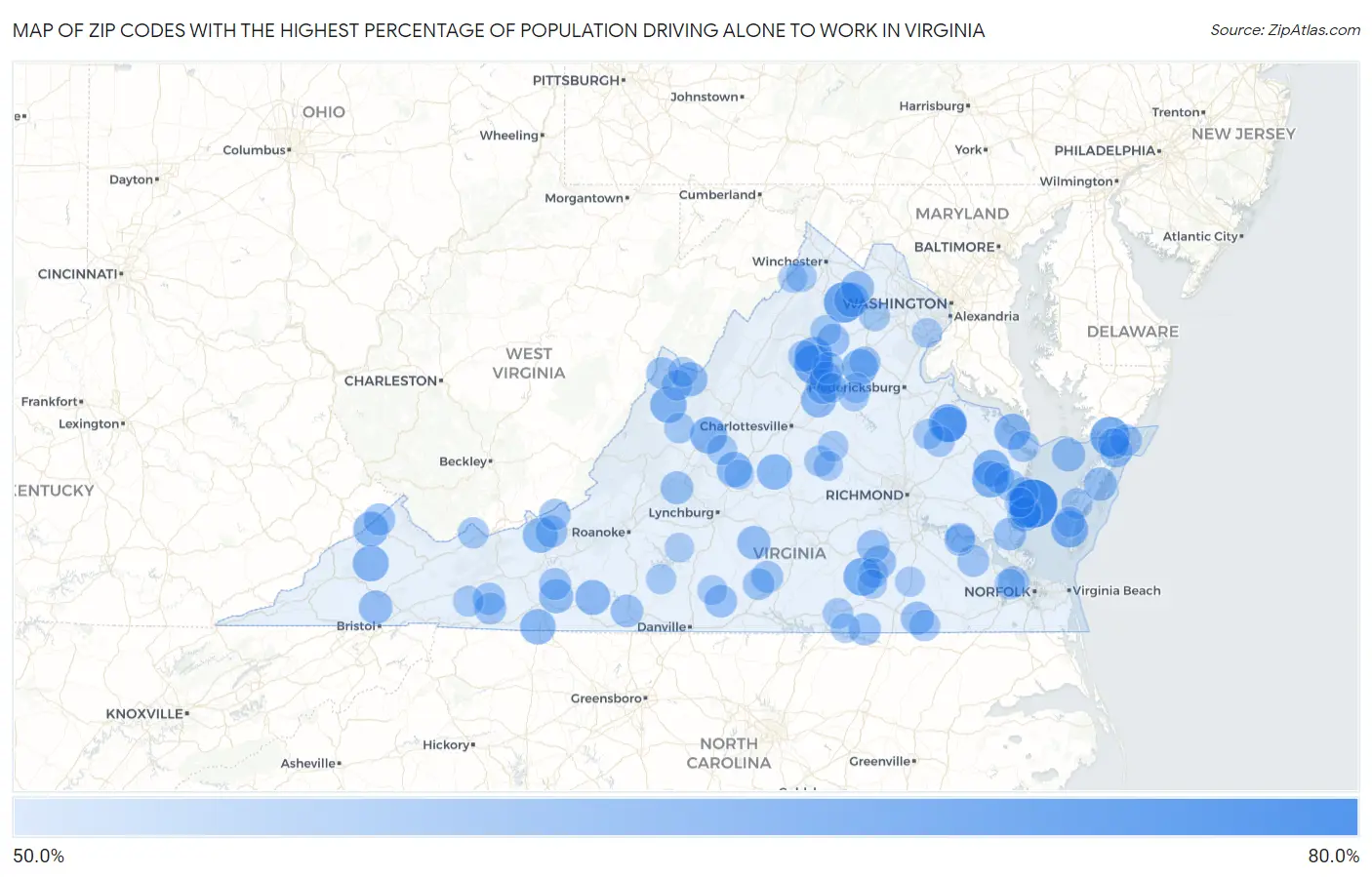 Zip Codes with the Highest Percentage of Population Driving Alone to Work in Virginia Map