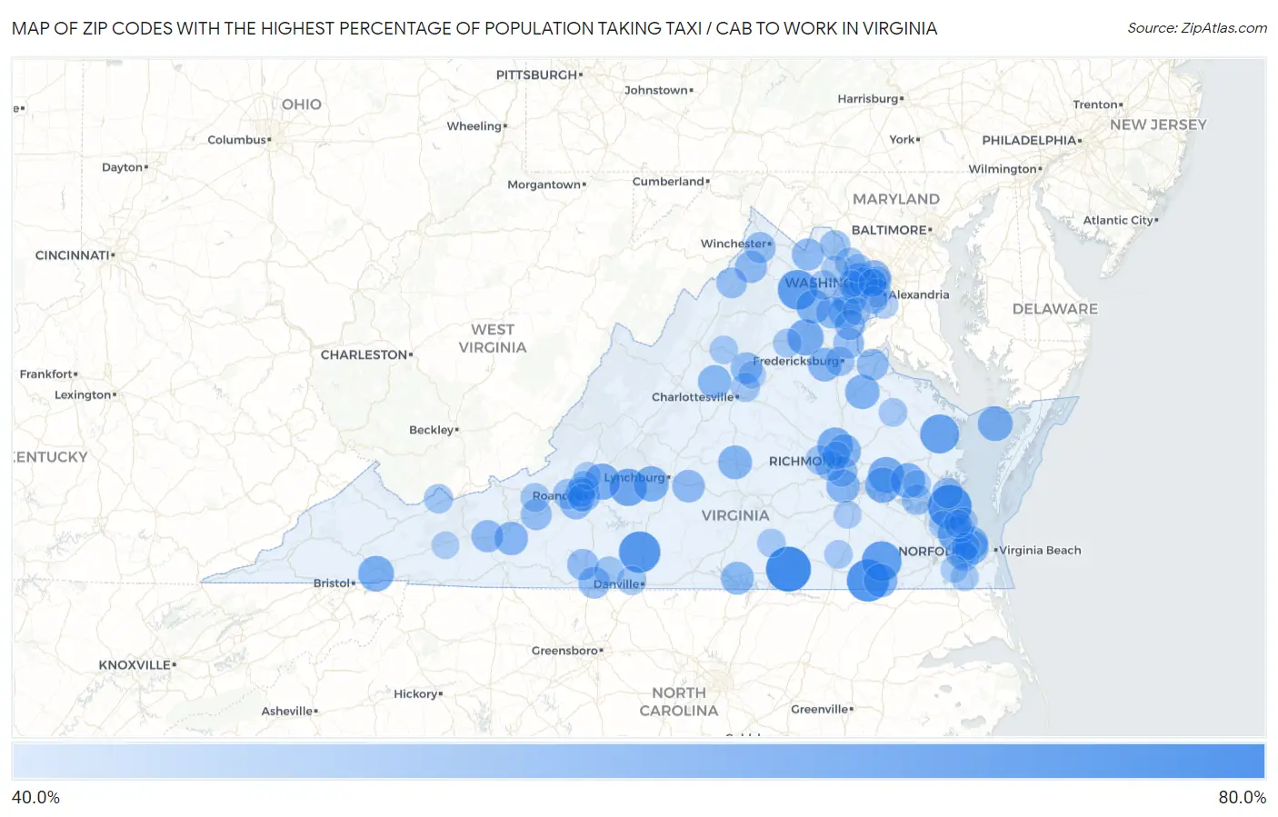 Zip Codes with the Highest Percentage of Population Taking Taxi / Cab to Work in Virginia Map