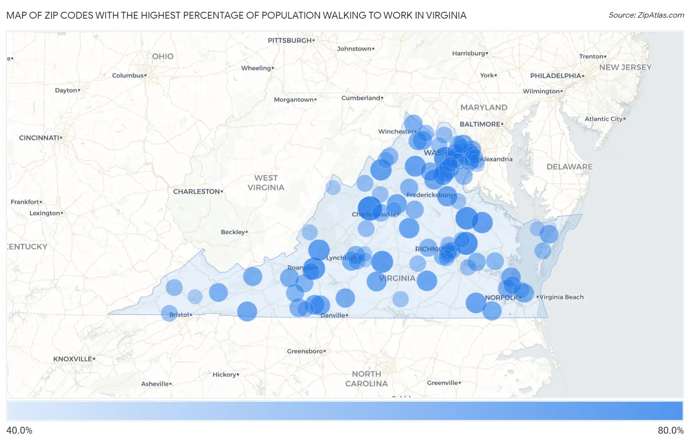 Zip Codes with the Highest Percentage of Population Walking to Work in Virginia Map