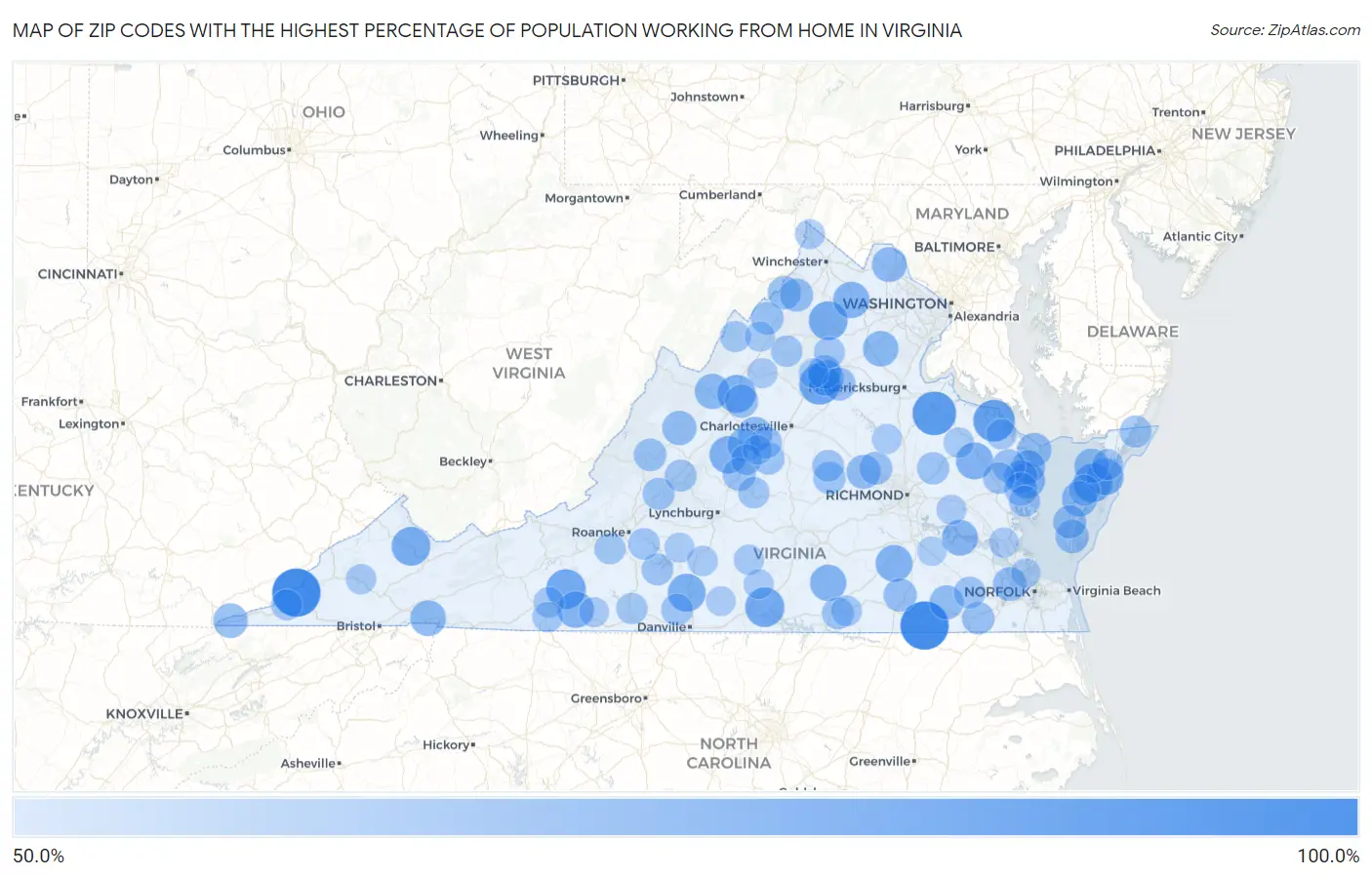 Zip Codes with the Highest Percentage of Population Working from Home in Virginia Map