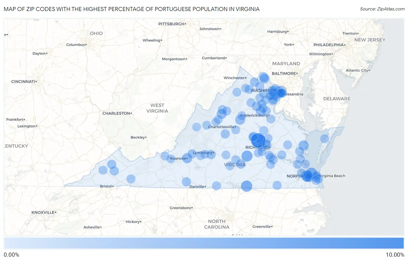 Zip Codes with the Highest Percentage of Portuguese Population in Virginia Map