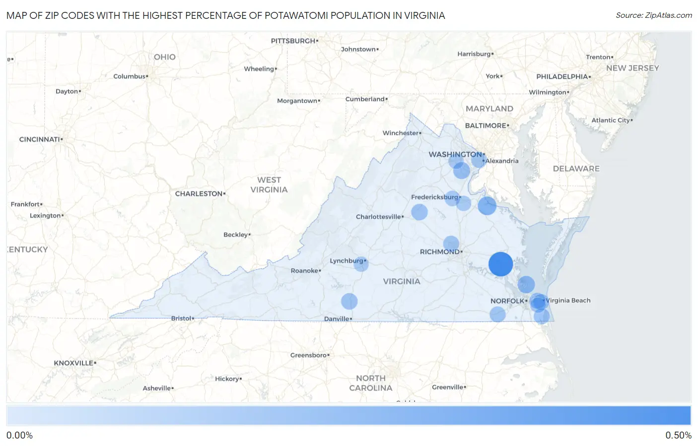 Zip Codes with the Highest Percentage of Potawatomi Population in Virginia Map
