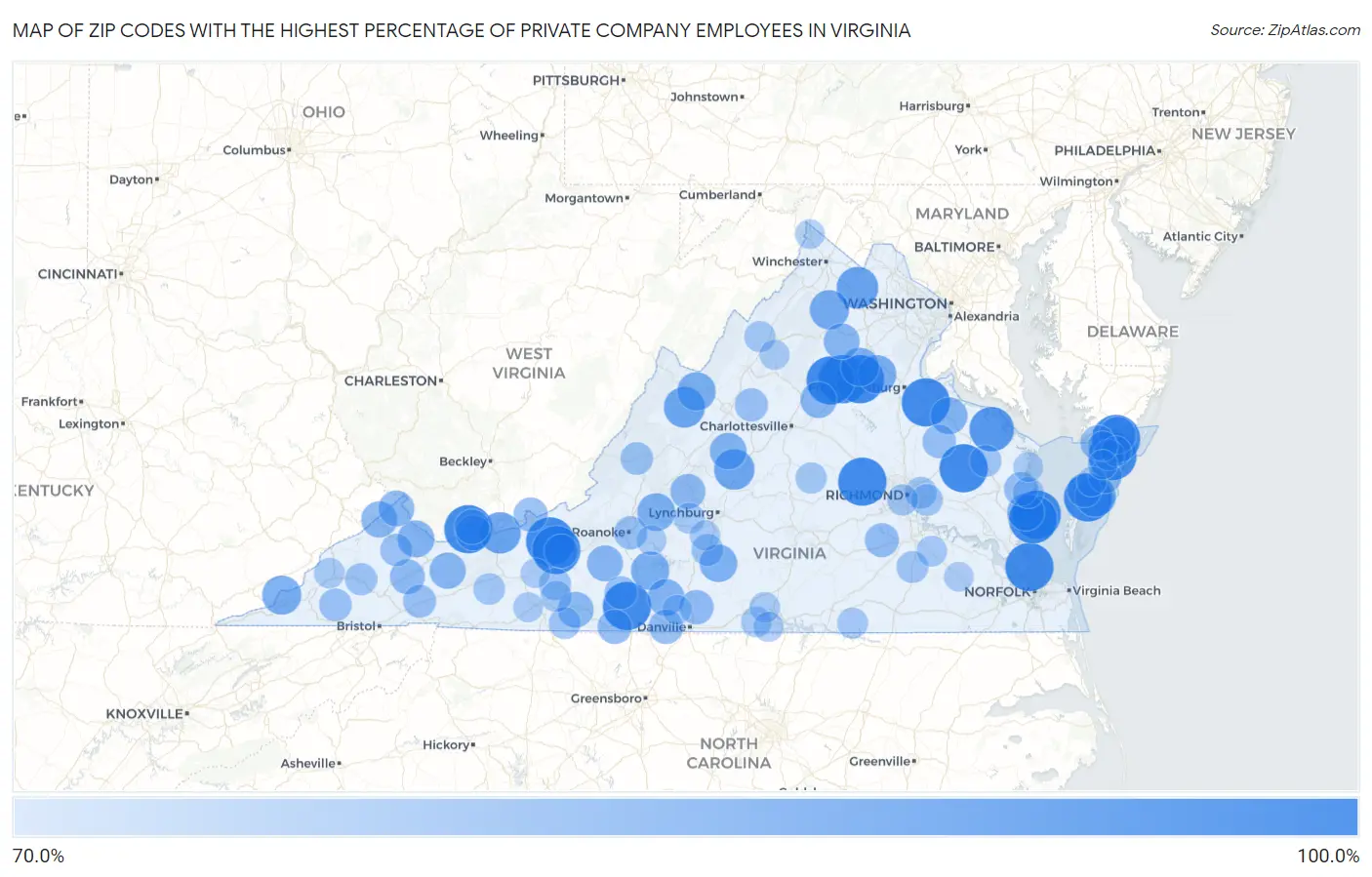 Zip Codes with the Highest Percentage of Private Company Employees in Virginia Map