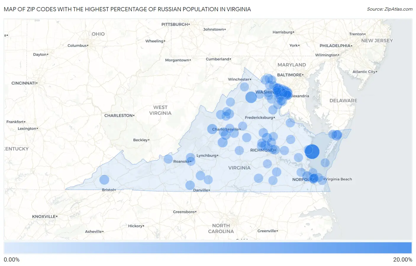 Zip Codes with the Highest Percentage of Russian Population in Virginia Map