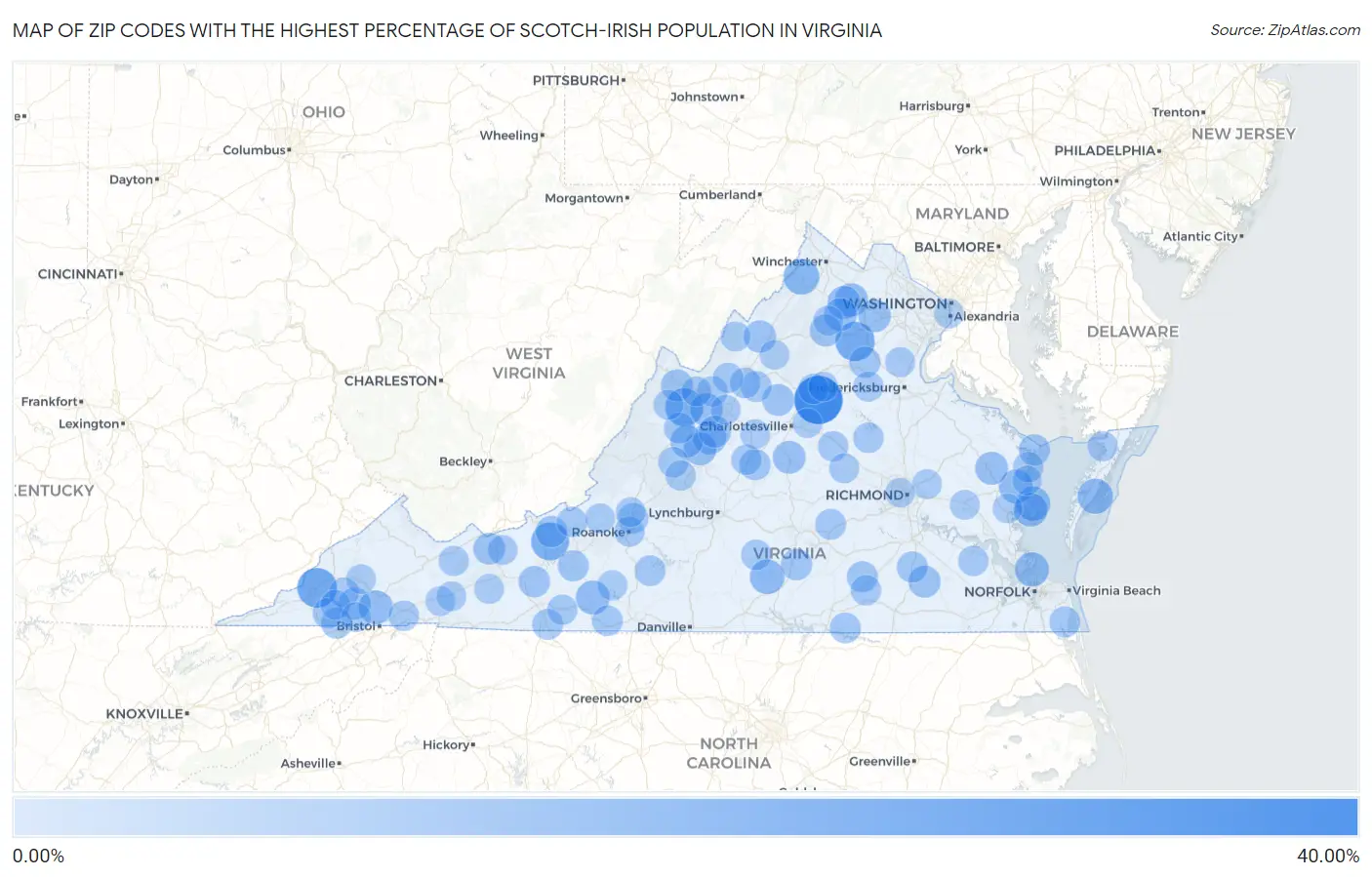 Zip Codes with the Highest Percentage of Scotch-Irish Population in Virginia Map