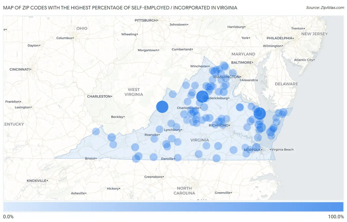 Zip Codes with the Highest Percentage of Self-Employed / Incorporated in Virginia Map