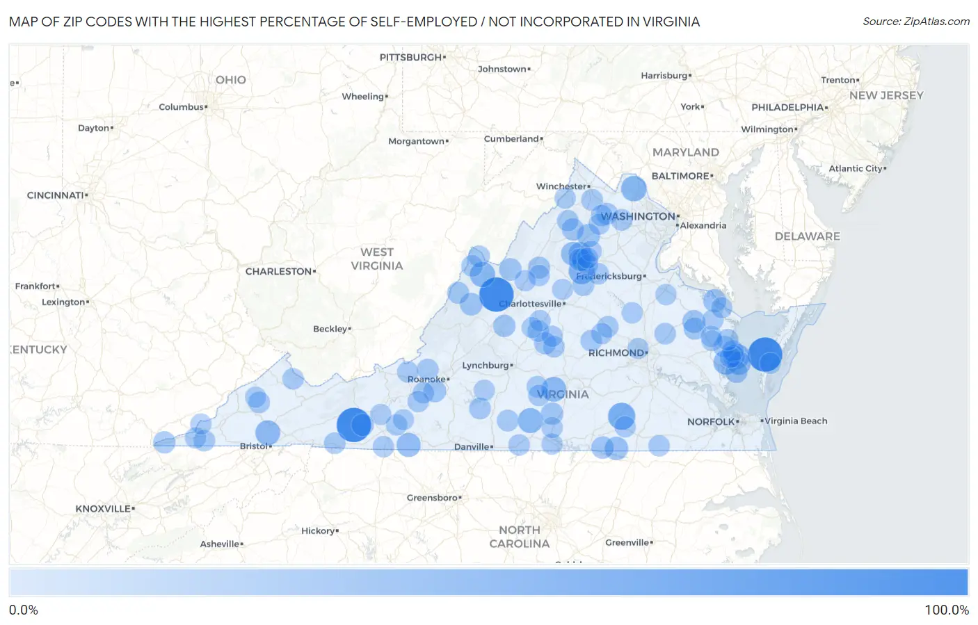 Zip Codes with the Highest Percentage of Self-Employed / Not Incorporated in Virginia Map