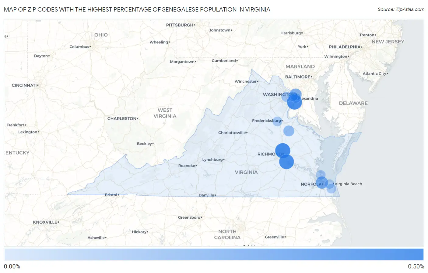 Zip Codes with the Highest Percentage of Senegalese Population in Virginia Map