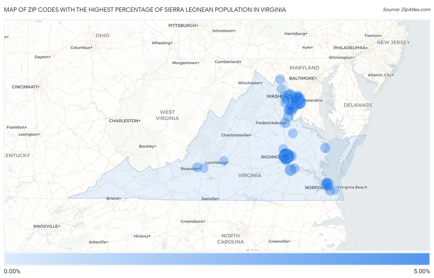 Zip Codes with the Highest Percentage of Sierra Leonean Population in Virginia Map