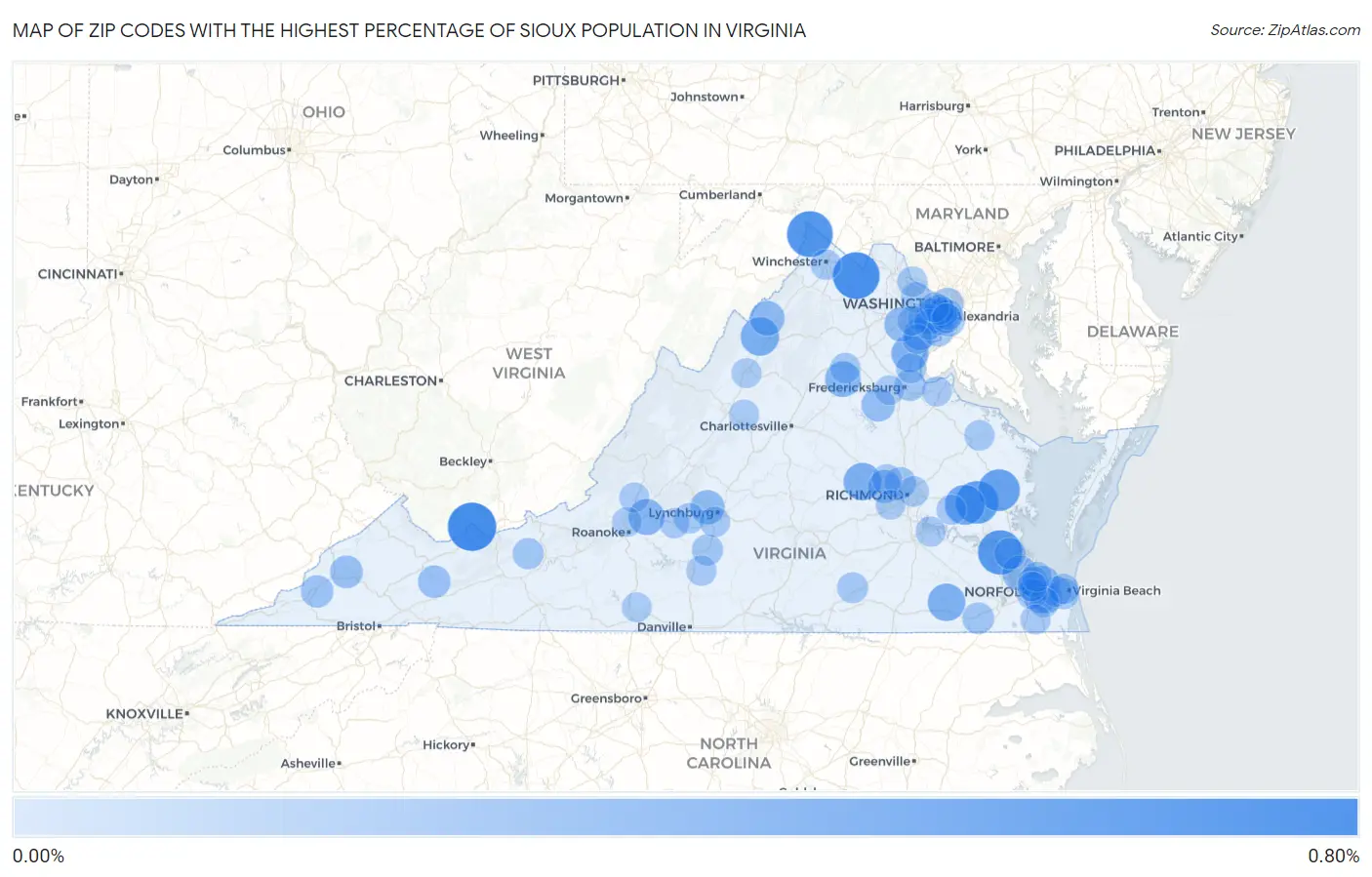 Zip Codes with the Highest Percentage of Sioux Population in Virginia Map