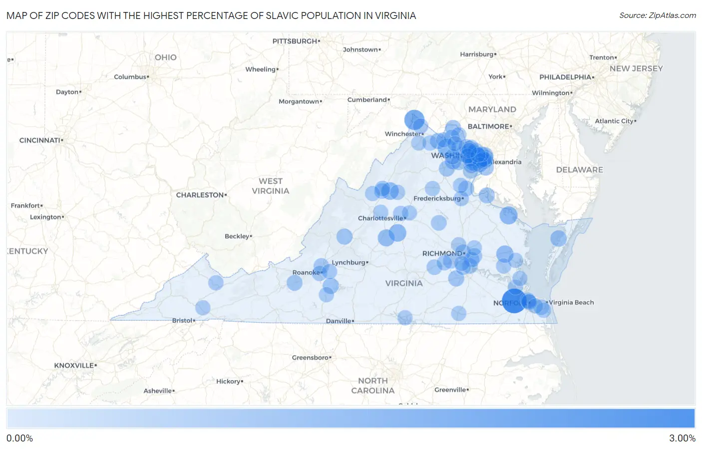 Zip Codes with the Highest Percentage of Slavic Population in Virginia Map