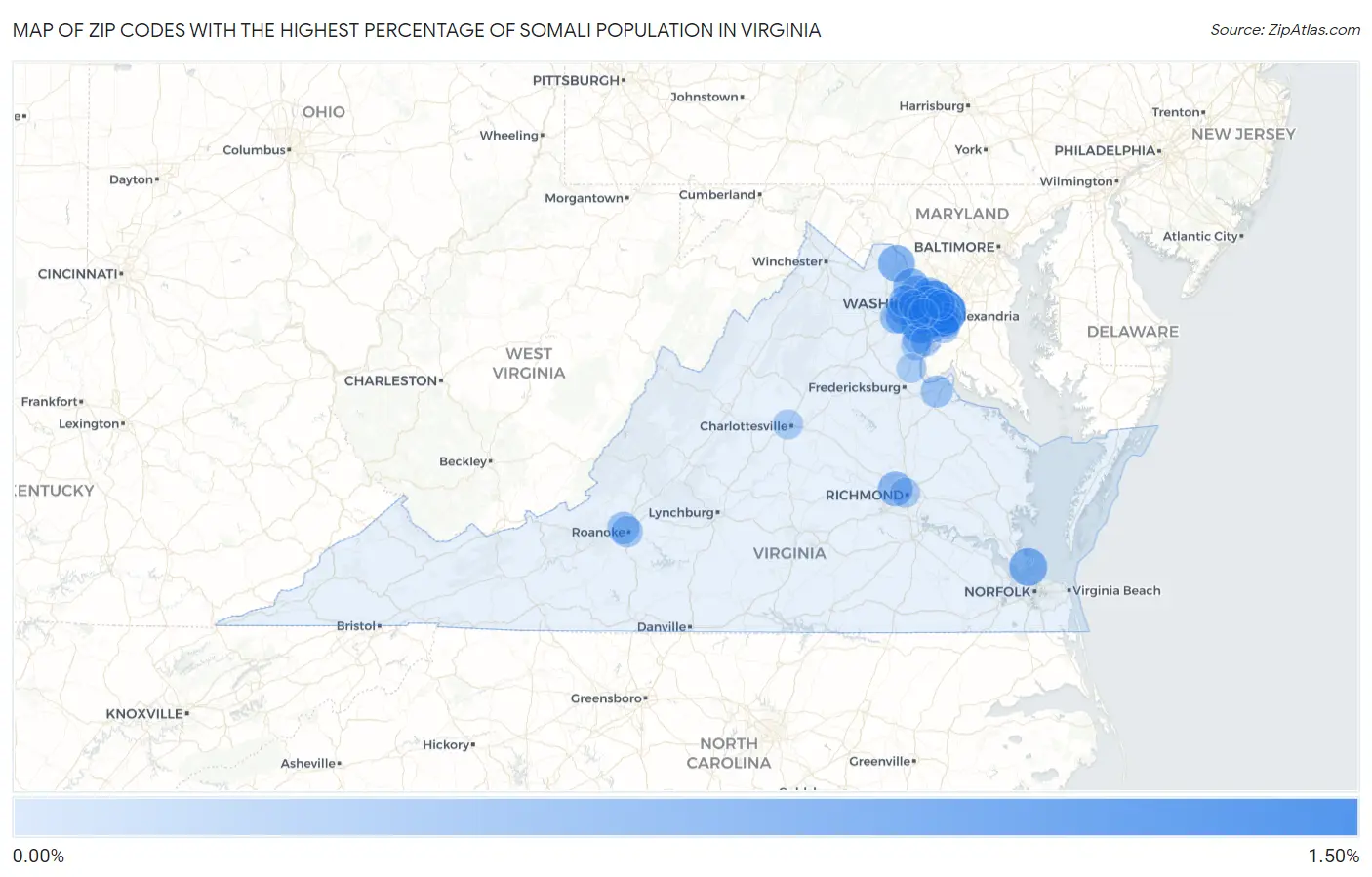 Zip Codes with the Highest Percentage of Somali Population in Virginia Map