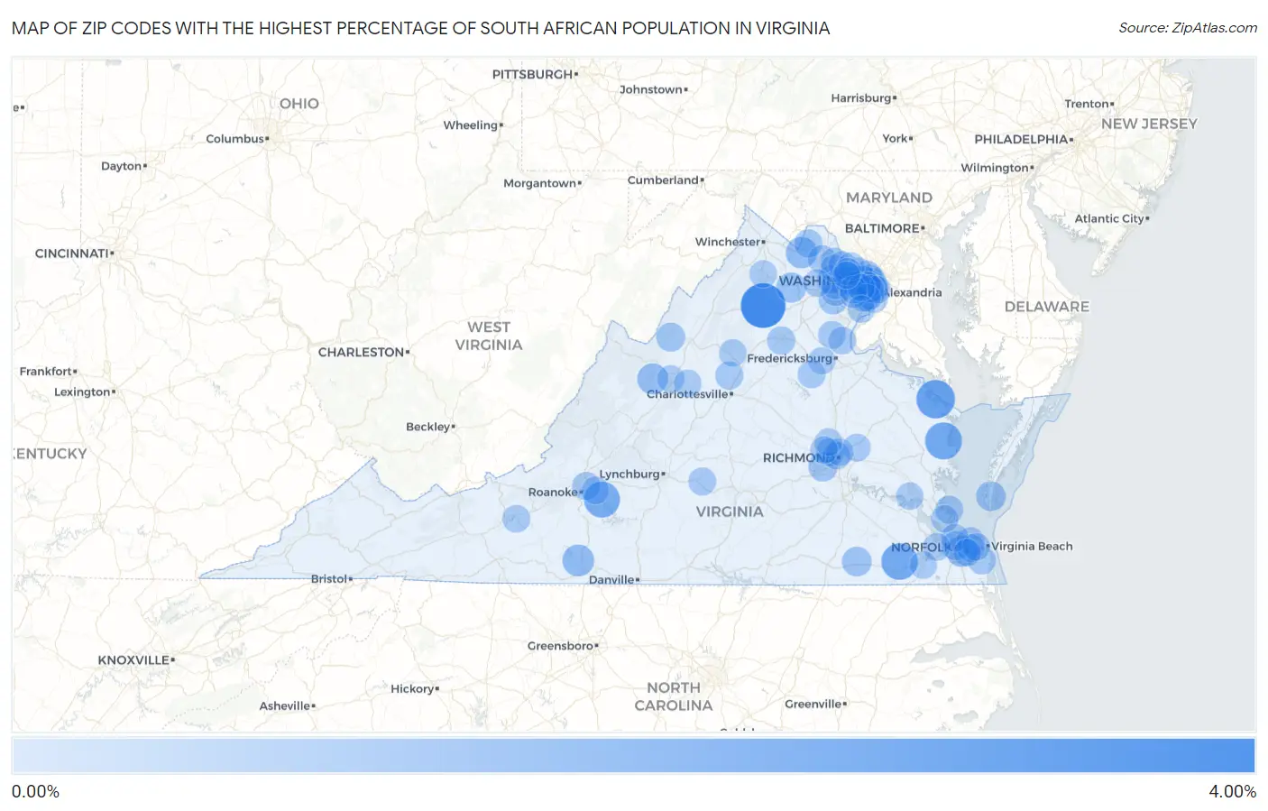 Zip Codes with the Highest Percentage of South African Population in Virginia Map