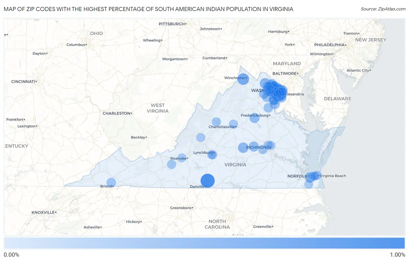Zip Codes with the Highest Percentage of South American Indian Population in Virginia Map