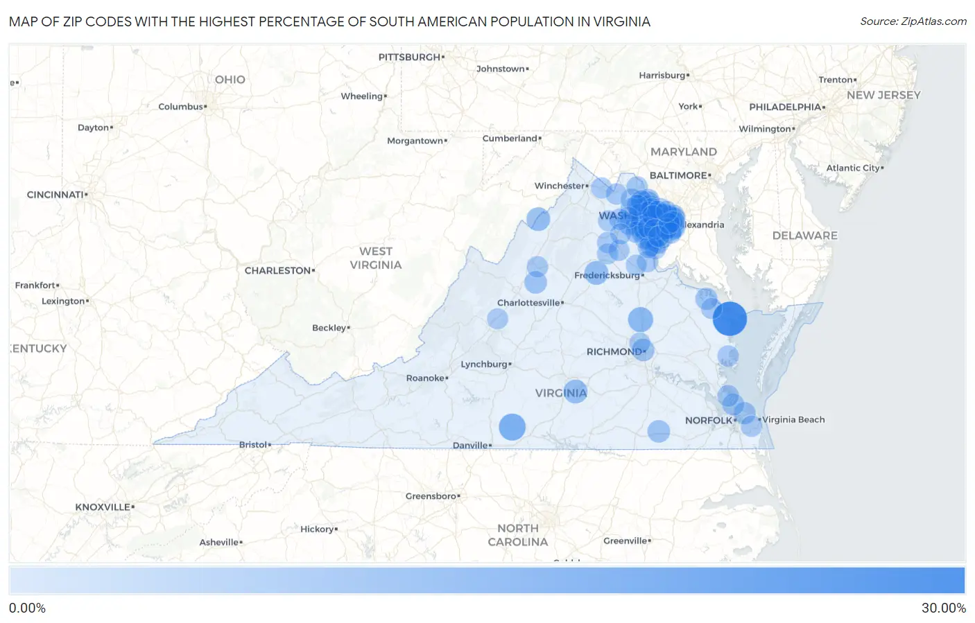 Zip Codes with the Highest Percentage of South American Population in Virginia Map