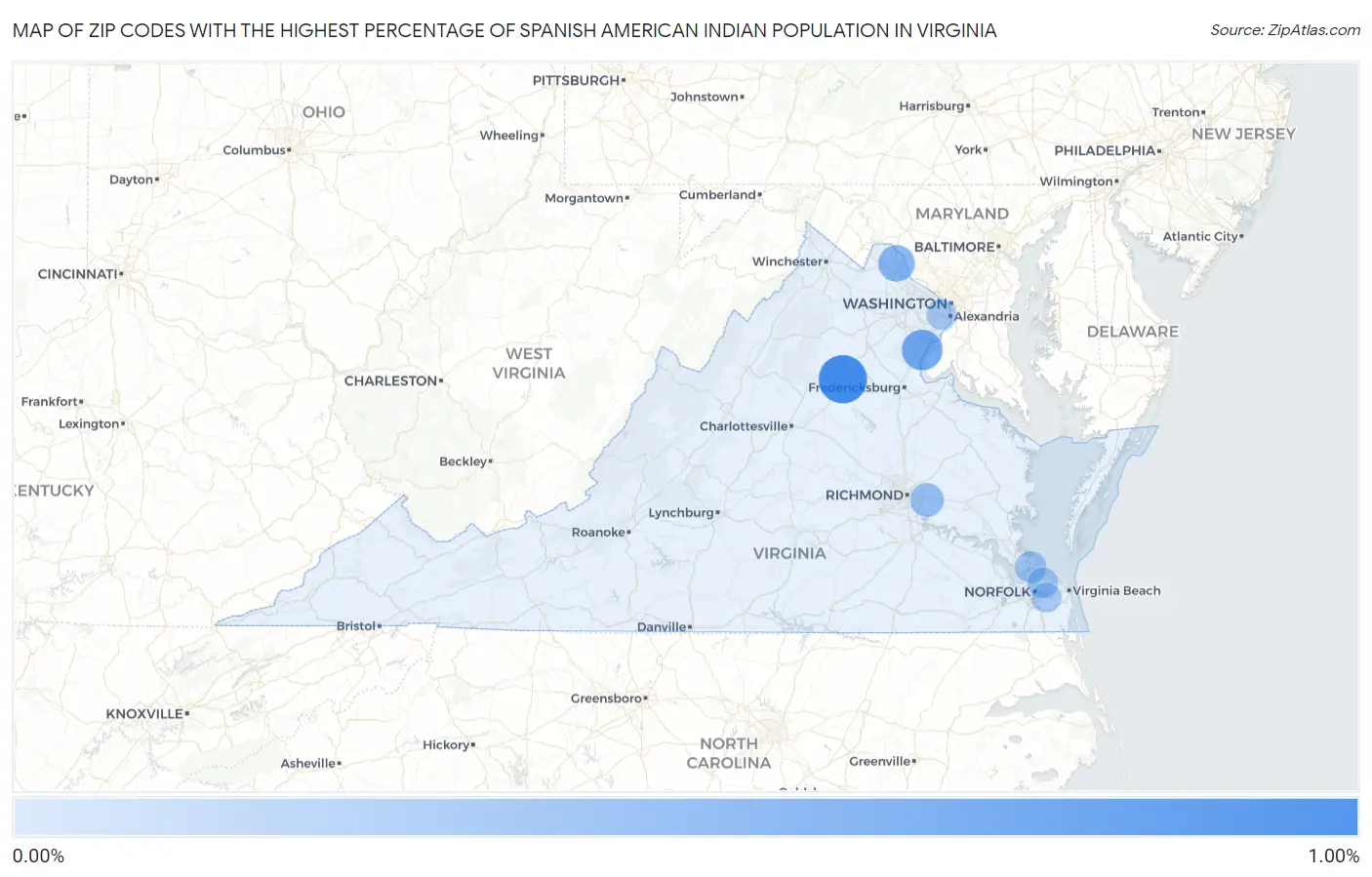 Zip Codes with the Highest Percentage of Spanish American Indian Population in Virginia Map