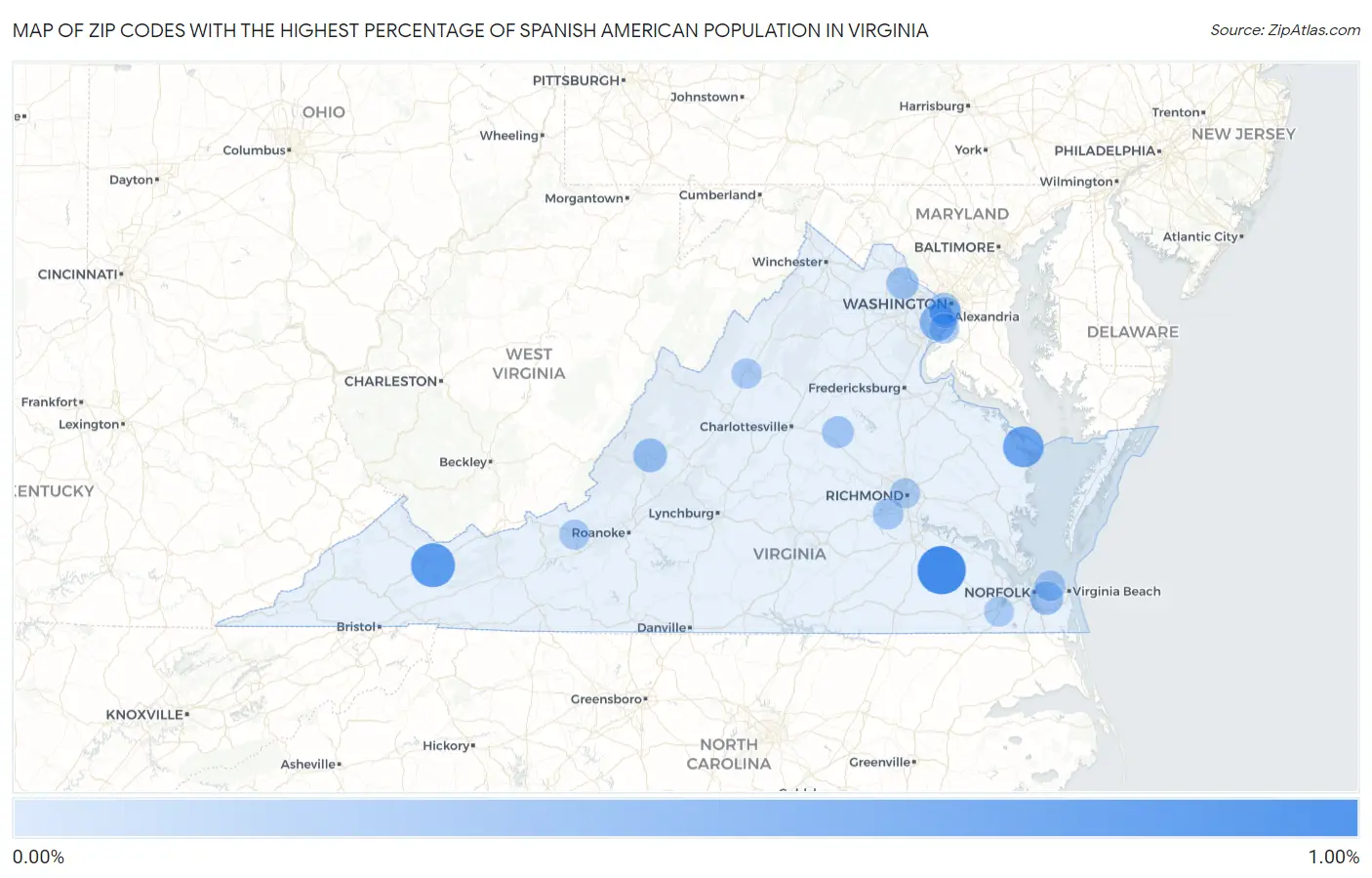 Zip Codes with the Highest Percentage of Spanish American Population in Virginia Map