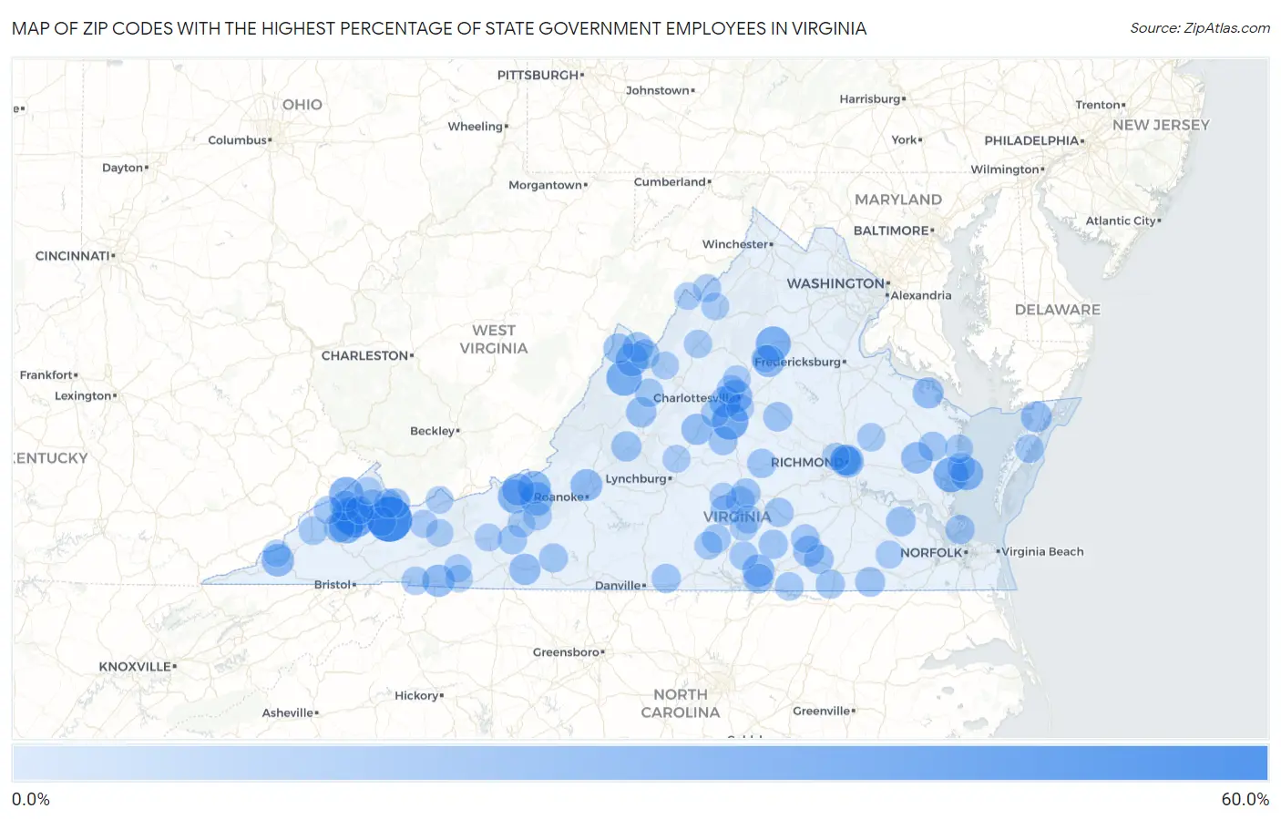 Zip Codes with the Highest Percentage of State Government Employees in Virginia Map