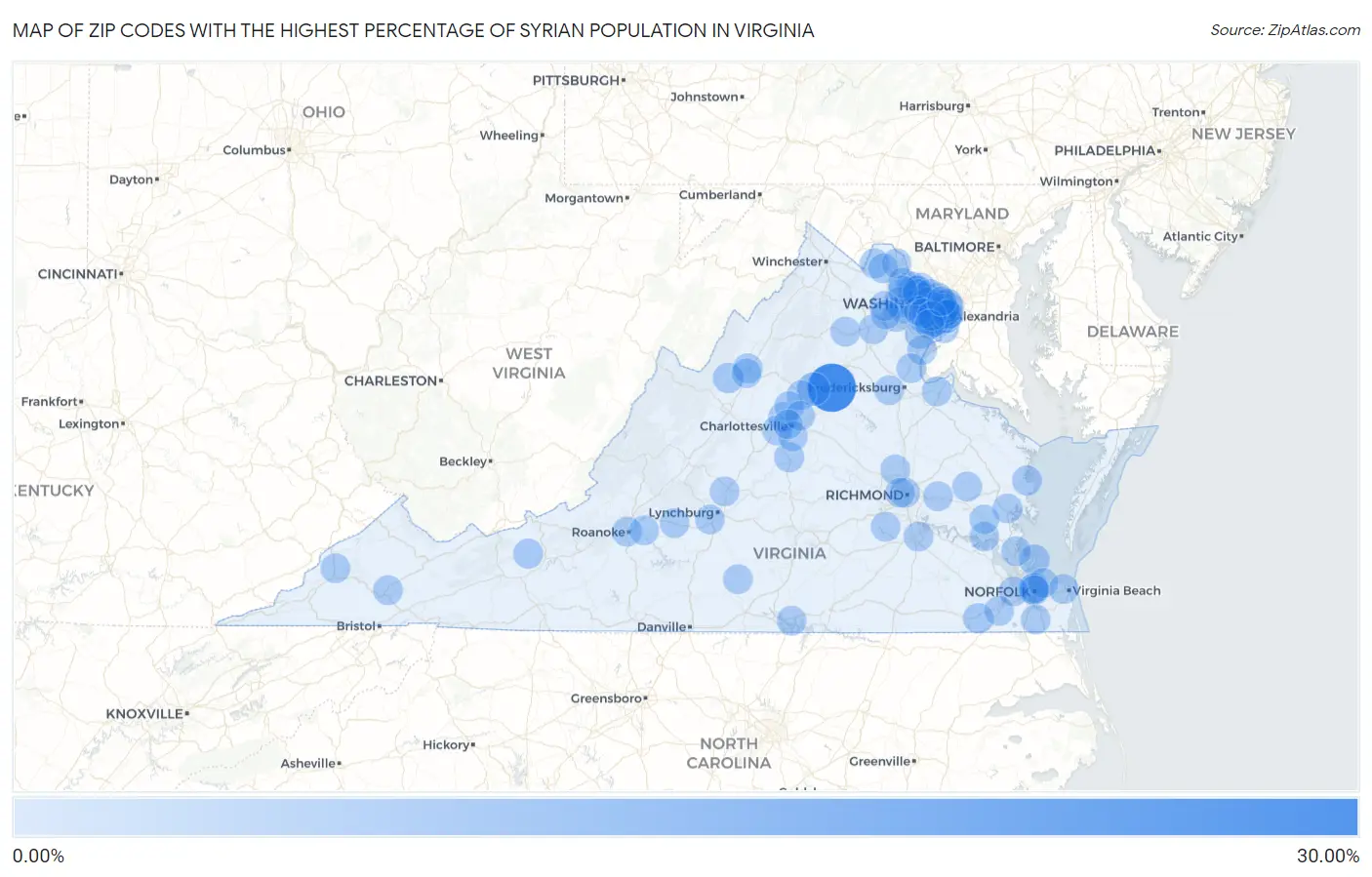 Zip Codes with the Highest Percentage of Syrian Population in Virginia Map