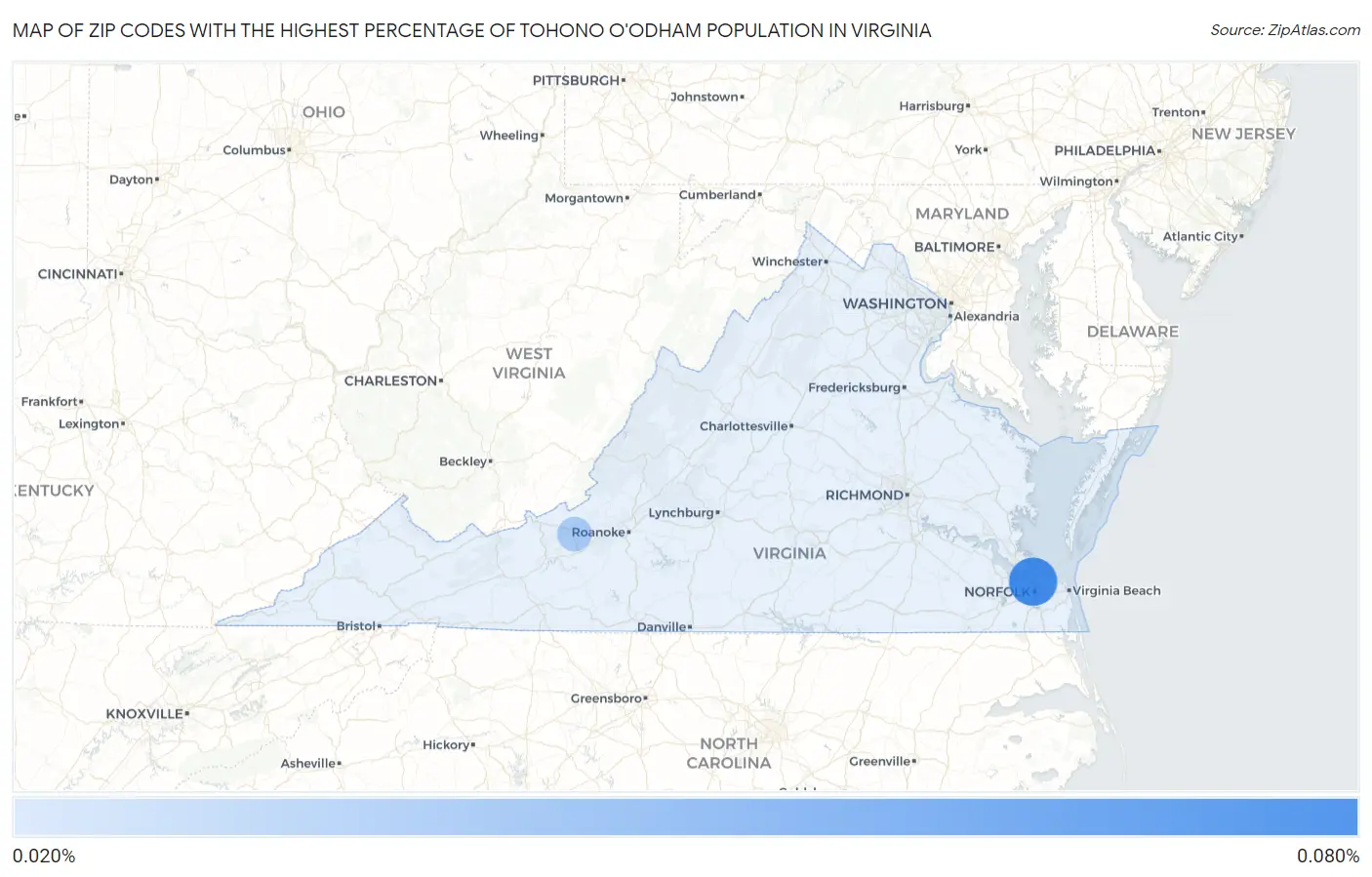 Zip Codes with the Highest Percentage of Tohono O'Odham Population in Virginia Map